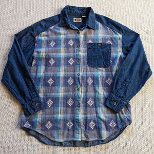 VTG CM Company Denim Long Sleeve Plaid Flannel Shirt Button Down Women's Medium